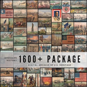 Pode incluir: Uma colagem de ilustrações vintage retratando cenas da história americana. As imagens incluem retratos, navios, cenas de batalha e marcos. O texto "1600+ PACKAGE" e "DIGITAL ARCHIVE OF U.S. HERITAGE" também é visível.