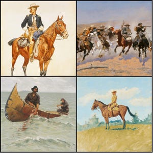 May include: A collage of four paintings depicting scenes of the American West. One shows a man on horseback, another a group of cowboys, a third a canoe on water, and the last a man on horseback on a hill.