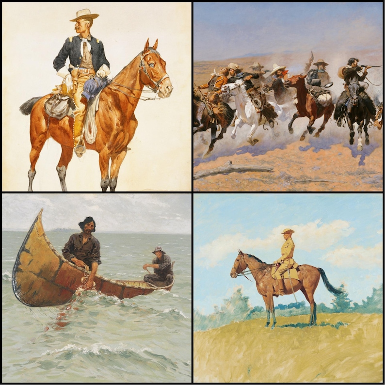 May include: A collage of four paintings depicting scenes of the American West. One shows a man on horseback, another a group of cowboys, a third a canoe on water, and the last a man on horseback on a hill.