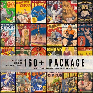 May include: A collection of vintage circus advertising posters. The posters feature colorful illustrations of clowns, acrobats, animals, and performers. Text on the posters includes "Cirkus Berny", "Hix Bros Circus", and "160+ Package Antique Show Advertisements".