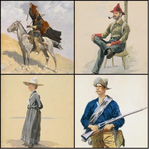 May include: Four watercolor paintings depicting figures in historical attire. One shows a Native American on horseback, another a man with a pipe, a third a woman in a long dress, and the last a man holding a rifle.