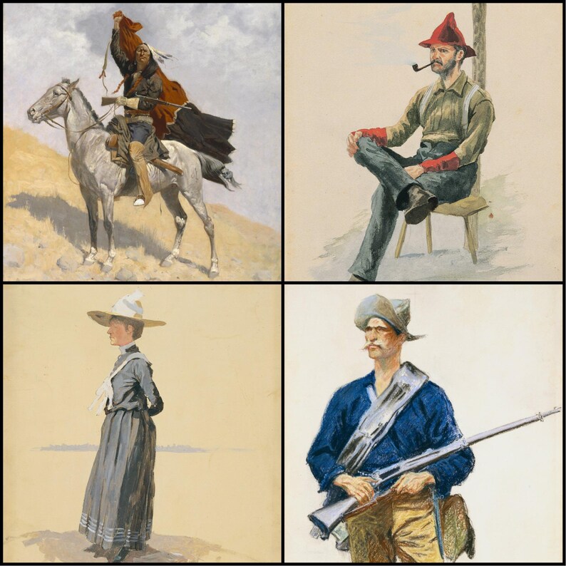 May include: Four watercolor paintings depicting figures in historical attire. One shows a Native American on horseback, another a man with a pipe, a third a woman in a long dress, and the last a man holding a rifle.