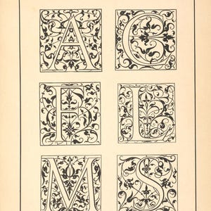 May include: A page from a book featuring six ornate, black and white letters: A, C, F, U, M, and S. Each letter is enclosed in a square and filled with intricate floral designs. The text "XVI Siecle" and "Ecole Fran&ccedil;aise" are at the top.