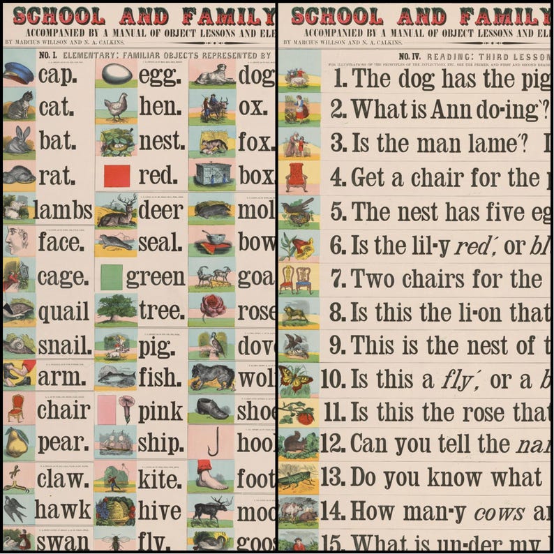 May include: A vintage educational chart titled "School and Family," with illustrations and words for elementary lessons. The chart includes images of animals, objects, and simple sentences for reading practice. The text is in black and red.