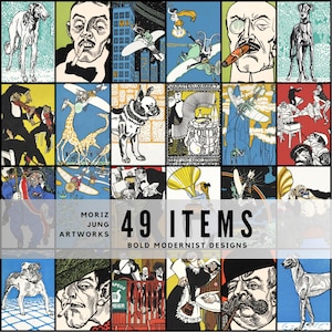 May include: A collection of 49 bold modernist designs by Moritz Jung. The artwork features various illustrations, including portraits, dogs, figures with wings, and scenes with giraffes. The color palette includes blue, green, red, and black.