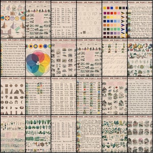May include: A set of antique educational charts, featuring illustrations and text. The charts cover subjects like shapes, colours, animals, and grammar, with text in a traditional font. The overall appearance is aged and vintage, with a sepia-toned background.