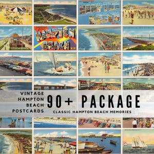 May include: A collection of vintage postcards featuring Hampton Beach, New Hampshire, displayed in a grid. The images show beach scenes, coastal landscapes, sailboats, and parking lots. Text overlay reads: VINTAGE HAMPTON BEACH 90+ PACKAGE.