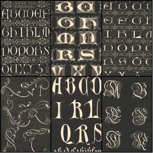 May include: A collage of six panels featuring various vintage letter designs in a cream color against a black background. The letters are ornate, with decorative flourishes and varying styles. Some panels include full alphabets, while others showcase individual letters.