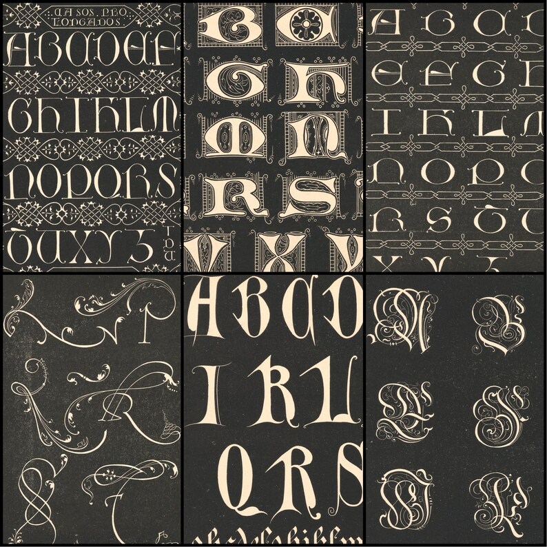 May include: A collage of six panels featuring various vintage letter designs in a cream color against a black background. The letters are ornate, with decorative flourishes and varying styles. Some panels include full alphabets, while others showcase individual letters.