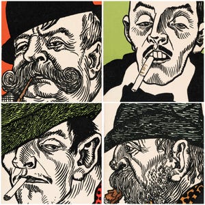 May include: A four-panel artwork featuring stylized portraits of men with distinct facial hair and hats. Each portrait is a black and white line drawing with pops of color in the background, including orange and green. One man smokes a pipe, and two others smoke cigarettes.