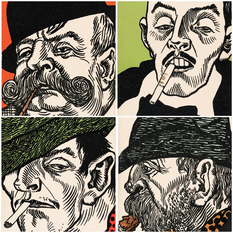 May include: A four-panel artwork featuring stylized portraits of men with distinct facial hair and hats. Each portrait is a black and white line drawing with pops of color in the background, including orange and green. One man smokes a pipe, and two others smoke cigarettes.