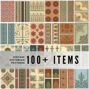 Op de afbeelding: Een verzameling vintage Victoriaanse patronen in verschillende kleuren, waaronder rood, groen en bruin. De afbeelding toont een verscheidenheid aan bloemen- en geometrische ontwerpen, met de tekst "Vintage Victorian Patterns 100+ Items".