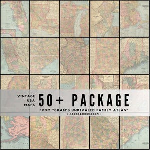 Może przedstawiać: Kolekcja zabytkowych map USA z "Cram's Unrivaled Family Atlas". Mapy, w stonowanych kolorach, przedstawiają różne stany. Tekst "50+ PACKAGE" jest wyraźnie wyświetlany.