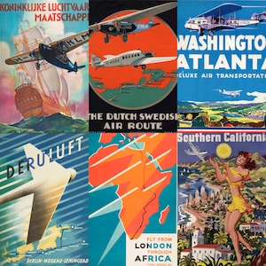 High-resolution preview of vintage airline travel posters from the mid-20th century, featuring iconic carriers like Pan Am, TWA, Air France, and KLM. Includes vibrant retro illustrations, luxury aircraft designs, exotic destinations, and elegant typography. Ideal for collectors, aviation fans, scrapbookers, and designers seeking digital downloads that celebrate the golden age of air travel with timeless visual charm.