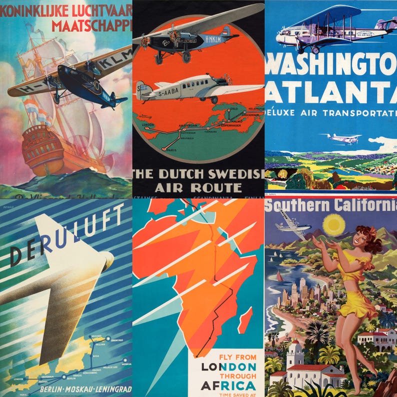 High-resolution preview of vintage airline travel posters from the mid-20th century, featuring iconic carriers like Pan Am, TWA, Air France, and KLM. Includes vibrant retro illustrations, luxury aircraft designs, exotic destinations, and elegant typography. Ideal for collectors, aviation fans, scrapbookers, and designers seeking digital downloads that celebrate the golden age of air travel with timeless visual charm.