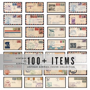Puede incluir: Una colección de sobres de correo aéreo estadounidenses antiguos, cada uno enmarcado en negro. Las cubiertas presentan sellos, matasellos y varios diseños, con el texto "VIA AIR MAIL" y "100+ ITEMS". La colección está etiquetada como "ANTIQUE AIRMAIL COVER COLLECTION".