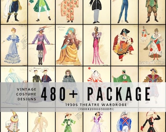 May include: A collection of vintage costume designs, featuring various theatrical wardrobe illustrations from the 1930s. The designs showcase a range of styles, including historical and fantasy attire, with text that reads "VINTAGE COSTUME DESIGNS 480+ PACKAGE 1930S THEATRE WARDROBE".