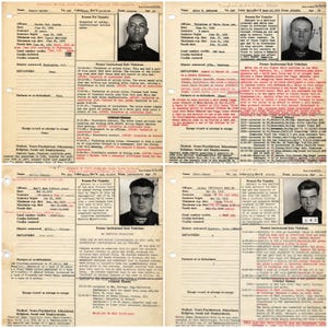 Digital collage of 300+ vintage Alcatraz mugshots and inmate records featuring infamous criminals like Al Capone, George “Machine Gun” Kelly, and Robert Stroud. High-resolution black-and-white prison portraits scanned at 600 DPI. Ideal for true crime fans, junk journalers, scrapbooking, and vintage law enforcement projects. A historical archive capturing the dark legacy of America’s most notorious penitentiary.
