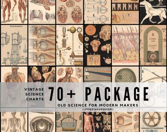May include: A collection of vintage science charts featuring anatomical illustrations, diagrams, and scientific drawings. The image includes charts of the human body, organs, and scientific instruments. Text on the image reads "VINTAGE SCIENCE CHARTS 70+ PACKAGE OLD SCIENCE FOR MODERN MAKERS."