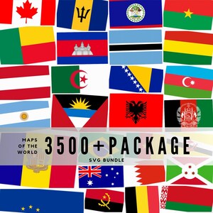 Könnte beinhalten: Eine Ansammlung verschiedener Nationalflaggen, darunter Kanada, Barbados und Belize, in einem Raster angeordnet. Das Bild enthält auch den Text "MAPS OF THE WORLD" und "3500+ PACKAGE SVG BUNDLE" in fetter Schrift.