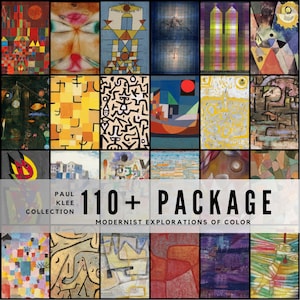 Pode incluir: Uma coleção de impressões de arte de Paul Klee. A imagem exibe uma grade de pinturas abstratas coloridas. O texto diz "PAUL KLEE COLLECTION" e "110+ PACKAGE MODERNIST EXPLORATIONS OF COLOR".
