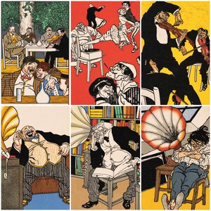 May include: A collection of six vintage-style illustrations. The images depict scenes of people socializing, dancing, and listening to music. The color palette includes red, yellow, and brown tones, with detailed linework and expressive character designs.
