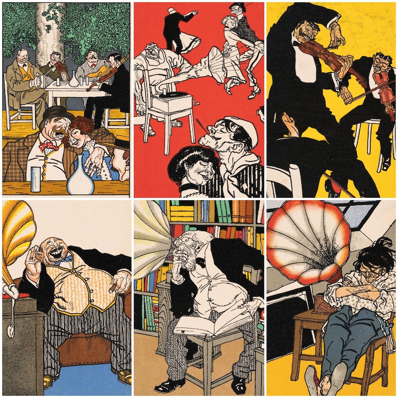 May include: A collection of six vintage-style illustrations. The images depict scenes of people socializing, dancing, and listening to music. The color palette includes red, yellow, and brown tones, with detailed linework and expressive character designs.