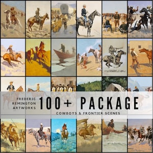 May include: A collection of Frederic Remington artworks depicting cowboys and frontier scenes. The images show cowboys on horseback, frontier life, and historical events. The text reads "100+ PACKAGE COWBOYS & FRONTIER SCENES".