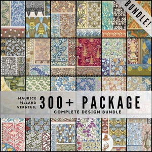 Puede incluir: Una colección de patrones de diseño digital de estilo vintage en varios colores y motivos florales. La imagen incluye el texto "300+ PACKAGE COMPLETE DESIGN BUNDLE" y "BUNDLE!" en una pancarta diagonal.
