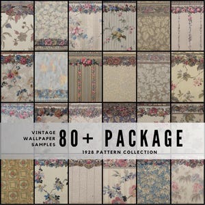 Può includere: Una collezione di campioni di carta da parati vintage, con disegni floreali e a motivi in vari colori. L'immagine include il testo "VINTAGE WALLPAPER SAMPLES 80+ PACKAGE 1928 PATTERN COLLECTION".