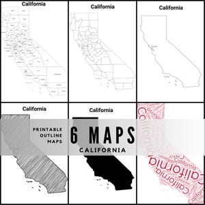 May include: Six printable outline maps of California are displayed. The maps include detailed county outlines, a simple outline, and a solid black silhouette. The text "6 MAPS CALIFORNIA" is also present.