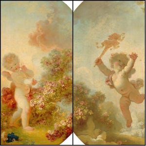 May include: A two-panel painting featuring cherubic figures in a pastoral setting. One cherub aims a bow and arrow at a flowering bush, while the other holds a torch aloft. The artwork has a soft color palette of pinks, greens, and creams.