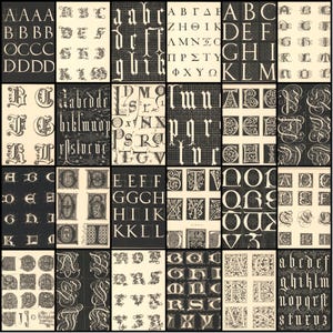 May include: A grid of vintage typography samples in black and cream. The image showcases various fonts, including serif and gothic styles, with decorative elements. The letters are arranged in a grid, offering a diverse collection of alphabets.