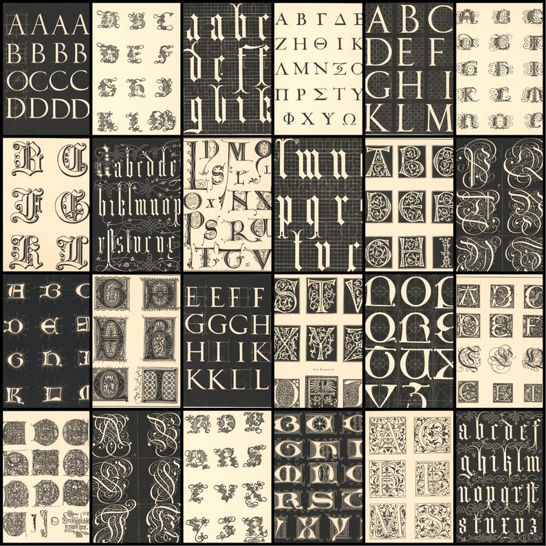 May include: A grid of vintage typography samples in black and cream. The image showcases various fonts, including serif and gothic styles, with decorative elements. The letters are arranged in a grid, offering a diverse collection of alphabets.