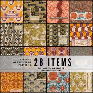 May include: A collection of 28 vintage Art Nouveau patterns by Koloman Moser. The designs feature floral, geometric, and abstract motifs in various colors, including orange, gold, purple, and green. The image includes text that reads "Vintage Art Nouveau Patterns" and "28 Items".