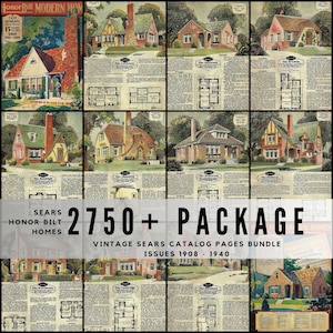 Puede incluir: Un collage de páginas de catálogo vintage de Sears Honor Bilt Homes. La imagen presenta ilustraciones de varios diseños de casas, planos de planta y el texto "2750+ PACKAGE" y "VINTAGE SEARS CATALOG PAGES BUNDLE ISSUES 1908 - 1940".