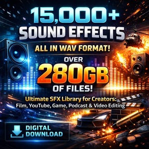 Può includere: Grafica digitale che pubblicizza una libreria di effetti sonori. Il testo include "15.000+ SOUND EFFECTS" e "OVER 280GB OF FILES!" in un design dinamico. Presenta un elicottero, altoparlanti e un'auto, con "DIGITAL DOWNLOAD".
