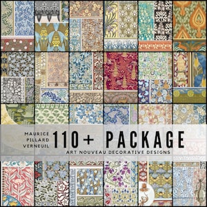 Puede incluir: Una colección de diseños decorativos Art Nouveau en varios colores y patrones. La imagen presenta una cuadrícula de más de 110 diseños, con el texto "MAURICE PILLARD VERNEUIL" y "110+ PACKAGE ART NOUVEAU DECORATIVE DESIGNS".