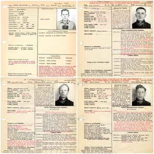 Digital collage of 300+ vintage Alcatraz mugshots and inmate records featuring infamous criminals like Al Capone, George “Machine Gun” Kelly, and Robert Stroud. High-resolution black-and-white prison portraits scanned at 600 DPI. Ideal for true crime fans, junk journalers, scrapbooking, and vintage law enforcement projects. A historical archive capturing the dark legacy of America’s most notorious penitentiary.