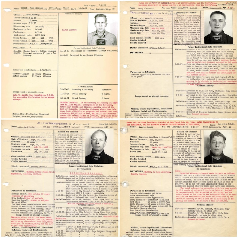 Digital collage of 300+ vintage Alcatraz mugshots and inmate records featuring infamous criminals like Al Capone, George “Machine Gun” Kelly, and Robert Stroud. High-resolution black-and-white prison portraits scanned at 600 DPI. Ideal for true crime fans, junk journalers, scrapbooking, and vintage law enforcement projects. A historical archive capturing the dark legacy of America’s most notorious penitentiary.