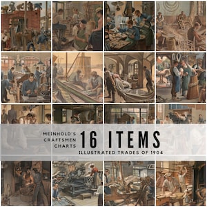 May include: A collection of 16 historical illustrations titled Meinhold's Craftsmen Charts Illustrated Trades of 1904, depicting various manual labor scenes including construction, woodworking, printing, weaving, and baking in muted earth tones.