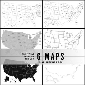 May include: Six printable maps of the USA in a map outline pack. The maps include outlines of the states, with some labeled. The maps are in black and white, with different styles and levels of detail.