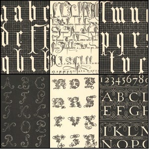 May include: A collage of six panels showcasing various calligraphy styles. The panels display different fonts, including gothic and ornate styles, with letters and numbers. The color palette is primarily black and white, with some panels featuring grid backgrounds.