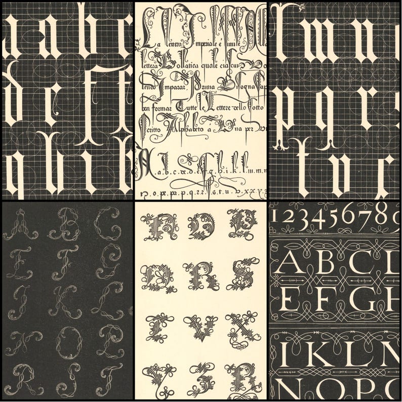 May include: A collage of six panels showcasing various calligraphy styles. The panels display different fonts, including gothic and ornate styles, with letters and numbers. The color palette is primarily black and white, with some panels featuring grid backgrounds.