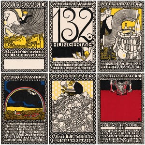 May include: A collection of six vintage art prints with black borders and Art Nouveau style illustrations. Each print features a unique design with text, including images of figures, skeletons, and a rainbow. The color palette includes black, white, yellow, red, and blue.