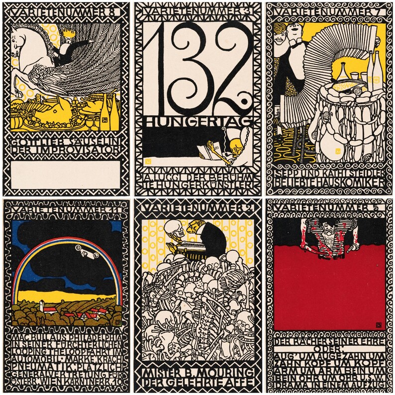 May include: A collection of six vintage art prints with black borders and Art Nouveau style illustrations. Each print features a unique design with text, including images of figures, skeletons, and a rainbow. The color palette includes black, white, yellow, red, and blue.