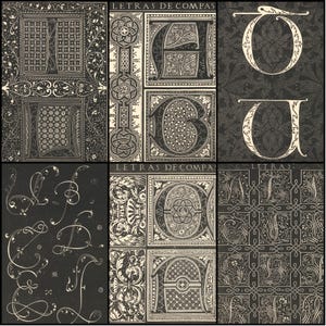 May include: A collage of black and white illustrations featuring ornate, stylized letters and decorative patterns. Some panels display individual letters, while others showcase intricate designs and the text "LETRAS DE COMPAS".