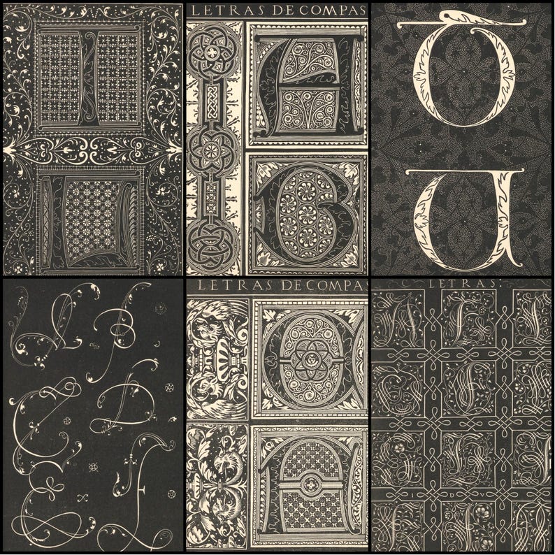 May include: A collage of black and white illustrations featuring ornate, stylized letters and decorative patterns. Some panels display individual letters, while others showcase intricate designs and the text "LETRAS DE COMPAS".