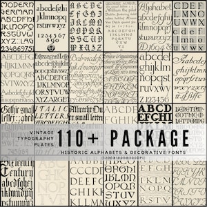 Puede incluir: Un paquete de tipografía vintage con más de 110 alfabetos históricos y fuentes decorativas. La imagen muestra varios estilos de fuente, incluyendo moderno, gótico e itálico, dispuestos en un diseño de cuadrícula. Las fuentes son negras sobre un fondo beige.
