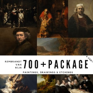 May include: A collage of paintings by Rembrandt van Rijn, featuring a variety of subjects including portraits, landscapes, and religious scenes. The text "700+ PACKAGE PAINTINGS, DRAWINGS & ETCHINGS" is displayed in bold black letters.